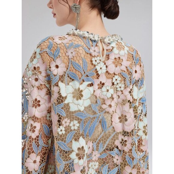 NWT Rich Radi Q's Womens Small Custom Guipure Lace Floral Top Pink Blue Elegant - Picture 2 of 16